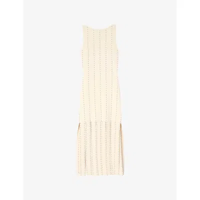 Sandro Womens Ecru Stud-embellished Fringed-hem Stretch-woven Maxi Dress In Neutral