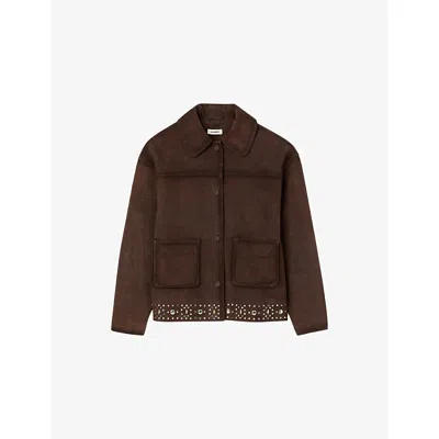 SANDRO WOMENS BROWN STUDDED-HEM SIDE-POCKET SUEDE JACKET