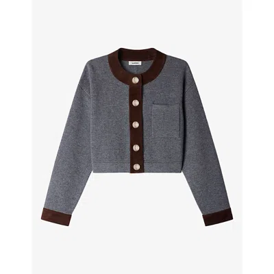 Sandro Womens  Suede-panel Wool And Cashmere-blend Cardigan In Gray