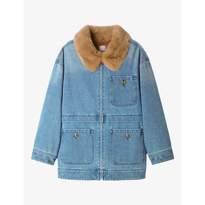 Sandro Womens  Three-pocket Faux-fur Denim Coat In Blue Jean
