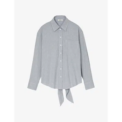 SANDRO WOMENS SANDRO TIE-BACK RELAXED-FIT STRETCH-COTTON AND LINEN-BLEND SHIRT