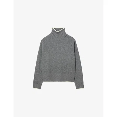 Sandro Womens Grey Turtleneck Ribbed Wool And Cashmere-blend Jumper In Gray