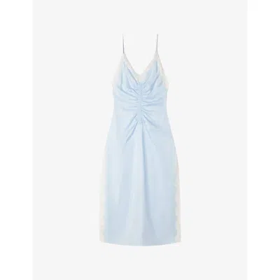 Sandro Womens  V-neck Lace-trim Satin Midi Dress In Blue