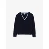 Sandro Womens Navy Blue V-neck Wool And Cashmere Jumper In Blue