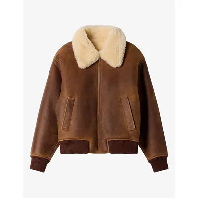 Sandro Womens  Zipped Contrast-collar Shearling Jacket In Brown