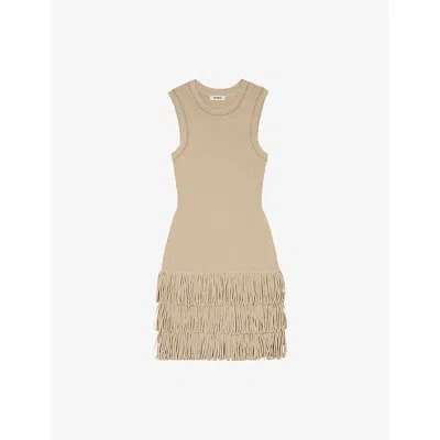 SANDRO WOMENS NATURELS SHIMMER-KNIT FRINGED-TRIM KNITTED MINI DRESS