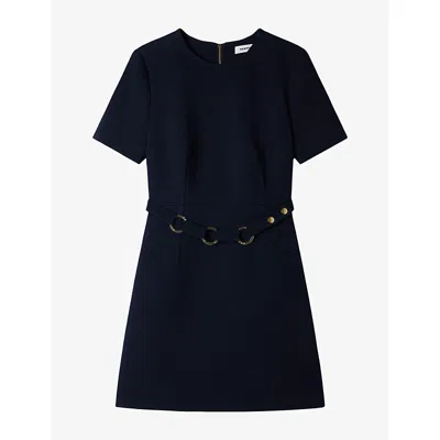 Sandro Womens Short-sleeve Ring-belt Woven Mini Dress Navy Blue