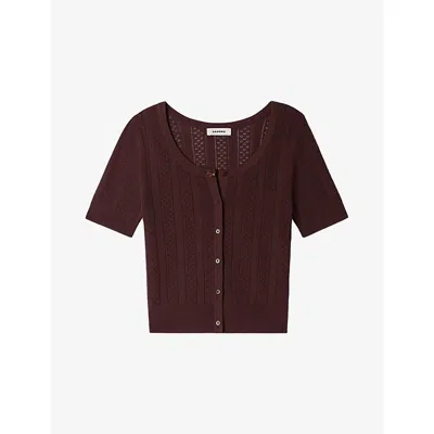 Sandro Womens Short-sleeved Pointelle Knitted Cardigan Brown