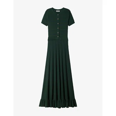 Sandro Womens Short-sleeved Pointelle Knitted Midi Dress Green