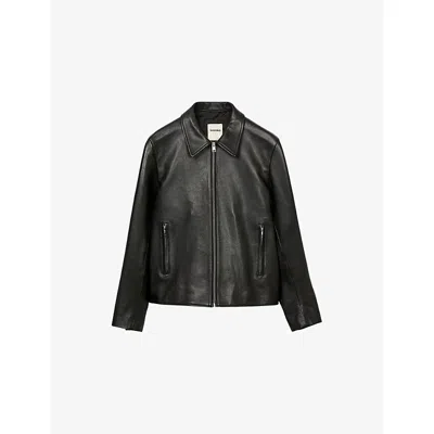 Sandro Womens Black Side-pocket Zip-up Leather Jacket