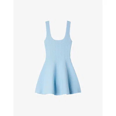 Sandro Womens Sky Blue Bead-embellished Flared Knitted Mini Dress