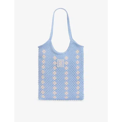 Sandro Womens Sky Blue Branded Geometric-pattern Crochet Tote Bag