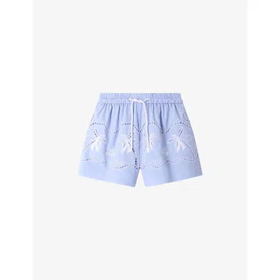 Sandro Womens Sky Blue Embroidered Drawstring-waist Cotton Shorts