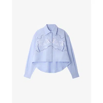 Sandro Womens Relaxed-fit Embroidered Cotton Shirt Sky Blue