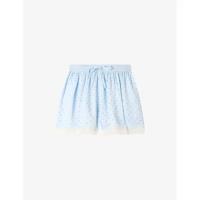Sandro Womens Sky Blue Rhinestone Lace-embroidered Woven Shorts