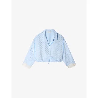 Sandro Womens Sky Blue Rhinestone-embellished Tie-hem Woven Shirt