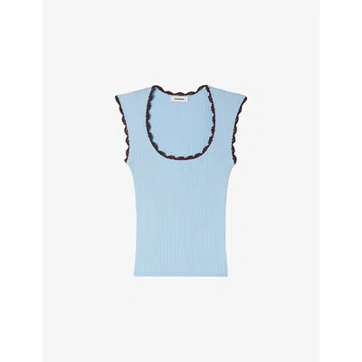 Sandro Womens Sky Blue Ribbed Crochet-embroidered Knitted Top