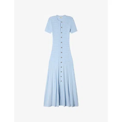 Sandro Womens Sky Blue Short-sleeved Button-up Knitted Maxi Dress