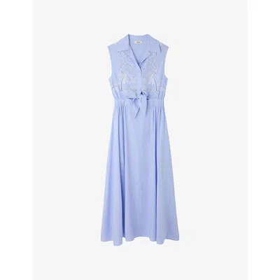 Sandro Womens Sky Blue Sleeveless Embroidered Linen-blend Maxi Dress In Purple