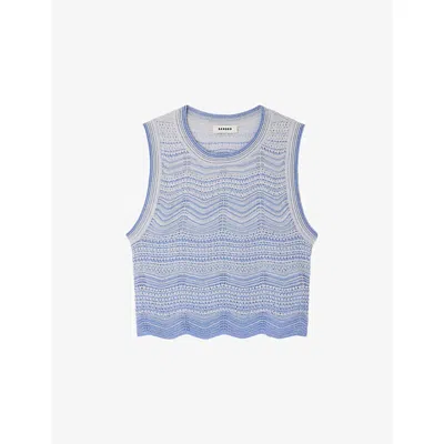 Sandro Womens  Sleeveless Scalloped-hem Knitted Crop Top In Blue