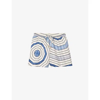Sandro Womens Bleus Spiral-print Elasticated-waist Linen-blend Shorts