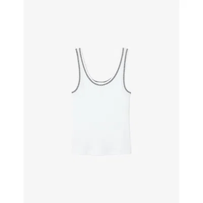 Sandro Womens  Striped-trim Ribbed Cotton Vest Top In Noir / Gris