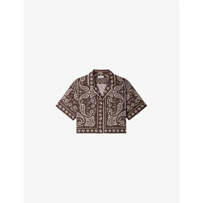 Sandro Womens Taupe / White Bandana-print Cropped Satin Shirt In Brown