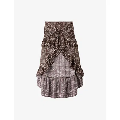 Sandro Womens Taupe / White Bandana-print Ruffled Satin Mini Skirt In Multi
