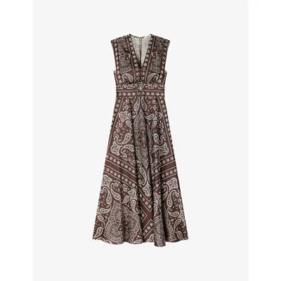Sandro Womens Taupe / White Bandana-print Satin Maxi Dress In Brown