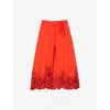 Sandro Womens Rouges Tie-waist Lace-trim Cotton-blend Midi Skort In Rouges