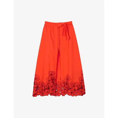 Sandro Womens Rouges Tie-waist Lace-trim Cotton-blend Midi Skort