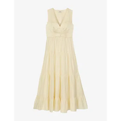 SANDRO WOMENS JAUNES / ORANGES V-NECK BUTTON-DOWN LINEN MAXI DRESS