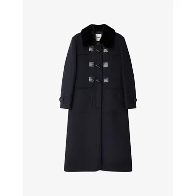 SANDRO WOMENS NAVY BLUE VELVET-COLLAR REGULAR-FIT WOOL-BLEND COAT
