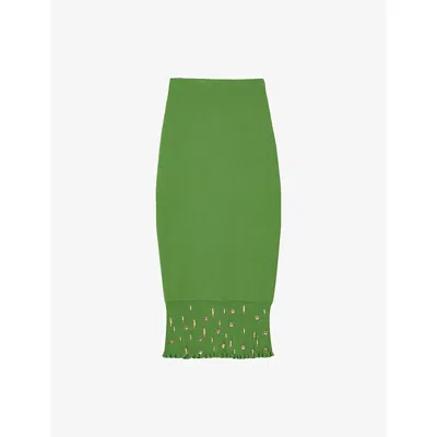 Sandro Womens  Fish-charm Flared-hem Stretch-knit Midi Skirt In Verts