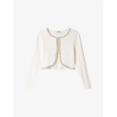 Sandro Womens White Cropped Pearl-embellished Stretch-knit Cardigan
