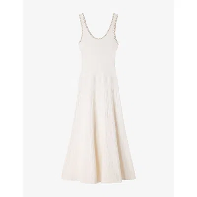 Sandro Womens White Flared Rhinestone-embellished Knitted Midi Dress