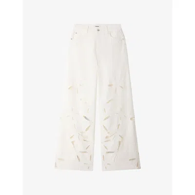 Sandro Womens  Flower-embroidered Wide-leg Denim Jeans In White