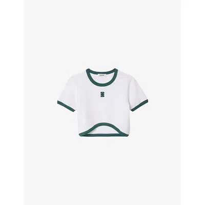 Sandro Womens White Logo-embroidered Two-tone Stretch-cotton Cropped Top