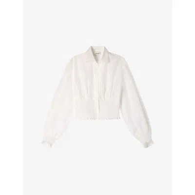 Sandro Womens  Long-sleeved Smocked Linen-blend Shirt In White