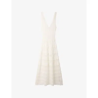 Sandro Womens White V-neck Pointelle Knitted Maxi Dress In Gray