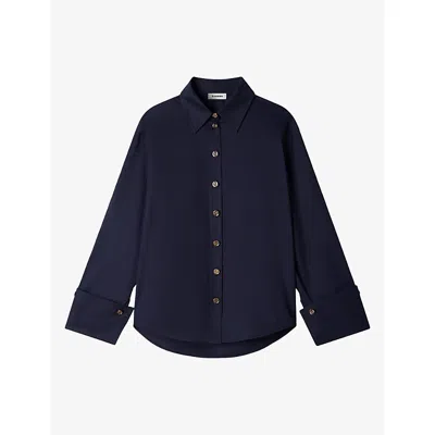 Sandro Womens Wide-cuff Relaxed-fit Stretch-cotton Shirt Navy Blue