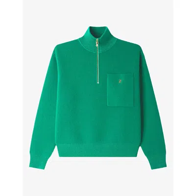 Sandro Womens Zip-neck Wool And Cashmere-blend Jumper Green