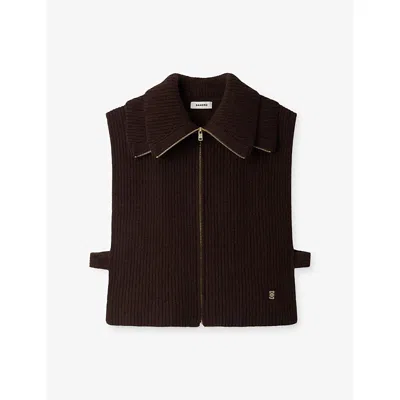 Sandro Womens Zipped Trucker Wool Collar Brown In White