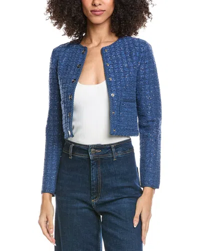 Sandro Cropped Sequin-embellished Bouclé Jacket In Blue