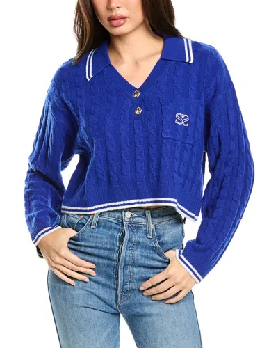 Sandro Cropped Embroidered Wool And Cashmere-blend Polo Sweater In Blue