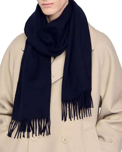 Sandro Wool & Cashmere Fringe Trimmed Scarf In Navy Blue