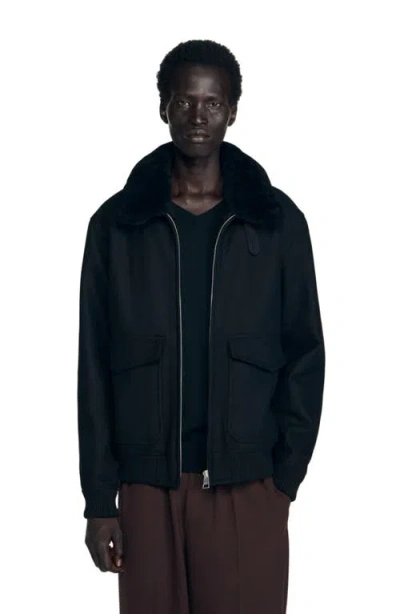SANDRO SANDRO WOOL AVIATOR JACKET WITH SHEARLING