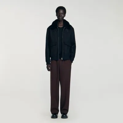 Sandro Wool Aviator Jacket With Shearling In Black