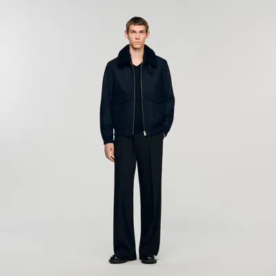 Sandro Wool Aviator Jacket With Shearling In Blue