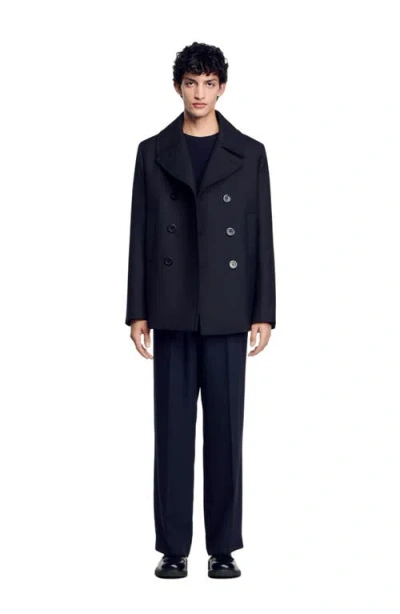 Sandro Wool Blend Pea Jacket In Navy Blue